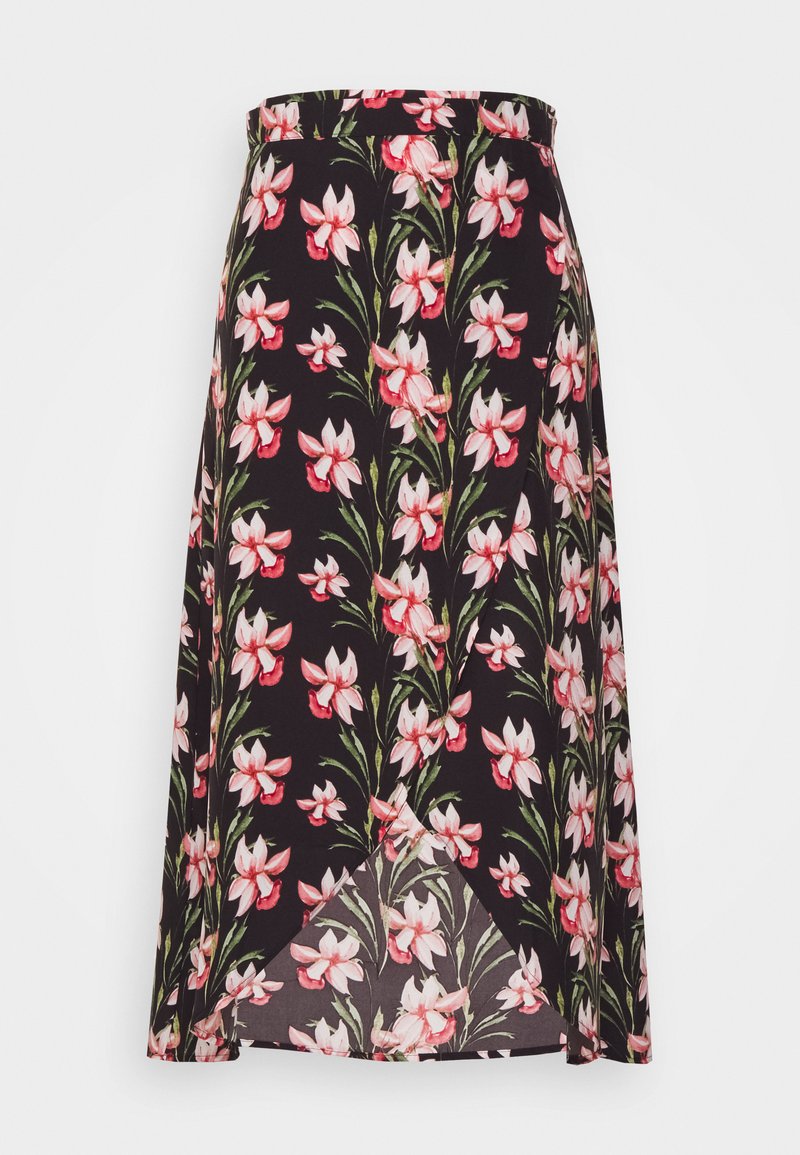 Zwarte rok met een bloemenpatroon van roze en witte bloemen. Gemaakt van lichtgewicht stof met een uitlopende stijl en een asymmetrische zoom.