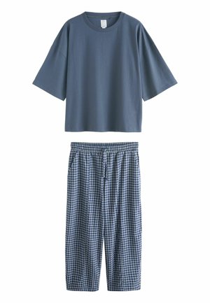 Blue cotton t-shirt with short sleeves and loose fit, paired with blue and white checkered cotton pajama pants featuring an elastic waistband.
