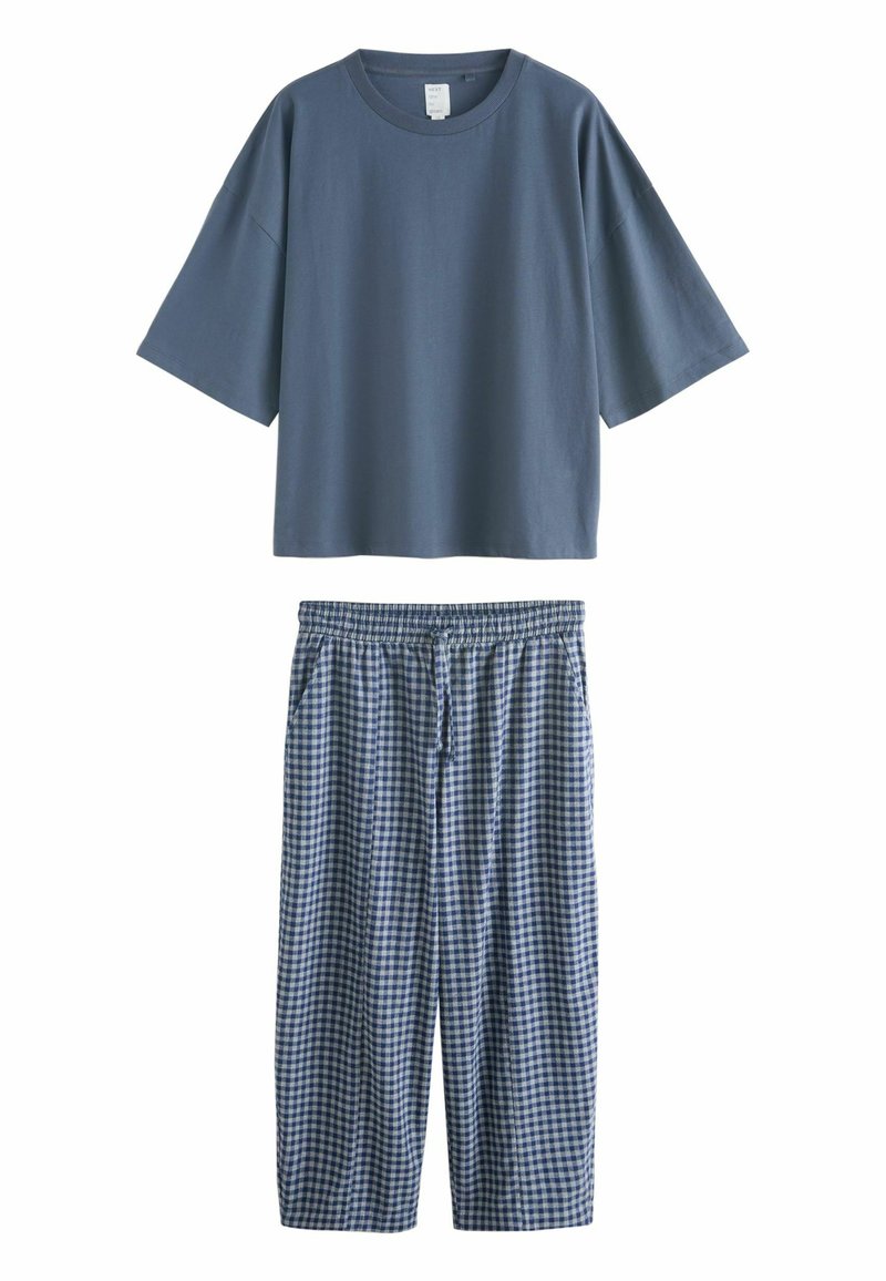 Blue cotton t-shirt with short sleeves and loose fit, paired with blue and white checkered cotton pajama pants featuring an elastic waistband.