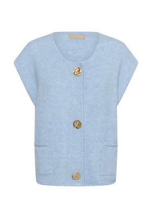 Light blue knitted cardigan with short sleeves, v-neck, and three golden buttons. Features two front pockets and a relaxed fit.