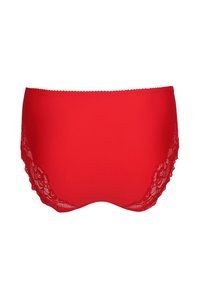 Röd trosor med en slät front, prydda med känslig spetskant vid sidorna. Rundad form och sömmar för en strukturerad passform.