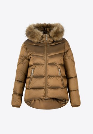 Braune Pufferjacke mit einer mit Fell gefütterten Kapuze, Reißverschluss vorne, diagonaler Steppung und zwei vorderen Taschen mit Reißverschluss.