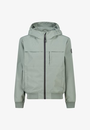 Lichtgroene gewatteerde jas met capuchon, een ritssluiting aan de voorkant, twee borstzakken, elastische manchetten en een logopatch op de linkermouw. Soepele textuur.