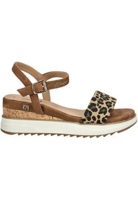 Brown suede sandal with leopard print strap, cork wedge, white accent sole, adjustable ankle strap, textured footbed.