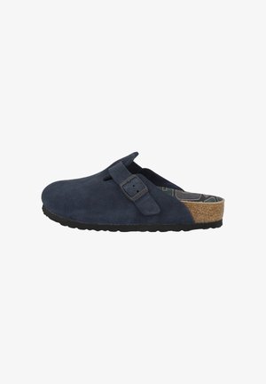 Berjalan kayu suede navy dengan gesper yang dapat disesuaikan, midsole gabus, dan sol karet bertekstur. Memiliki bagian belakang terbuka dan lapisan dalam berwarna berpola cerah.