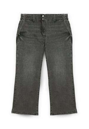 Pantaloni larghi in denim grigio con vita alta, cinque tasche, chiusura con bottone e dettagli a doppia cucitura lungo le cuciture.