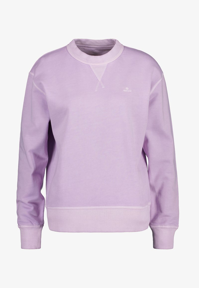 Sweat-shirt à enfiler lavande avec col, poignets et bord côte. Présente un design à col rond et un logo simple sur la poitrine.