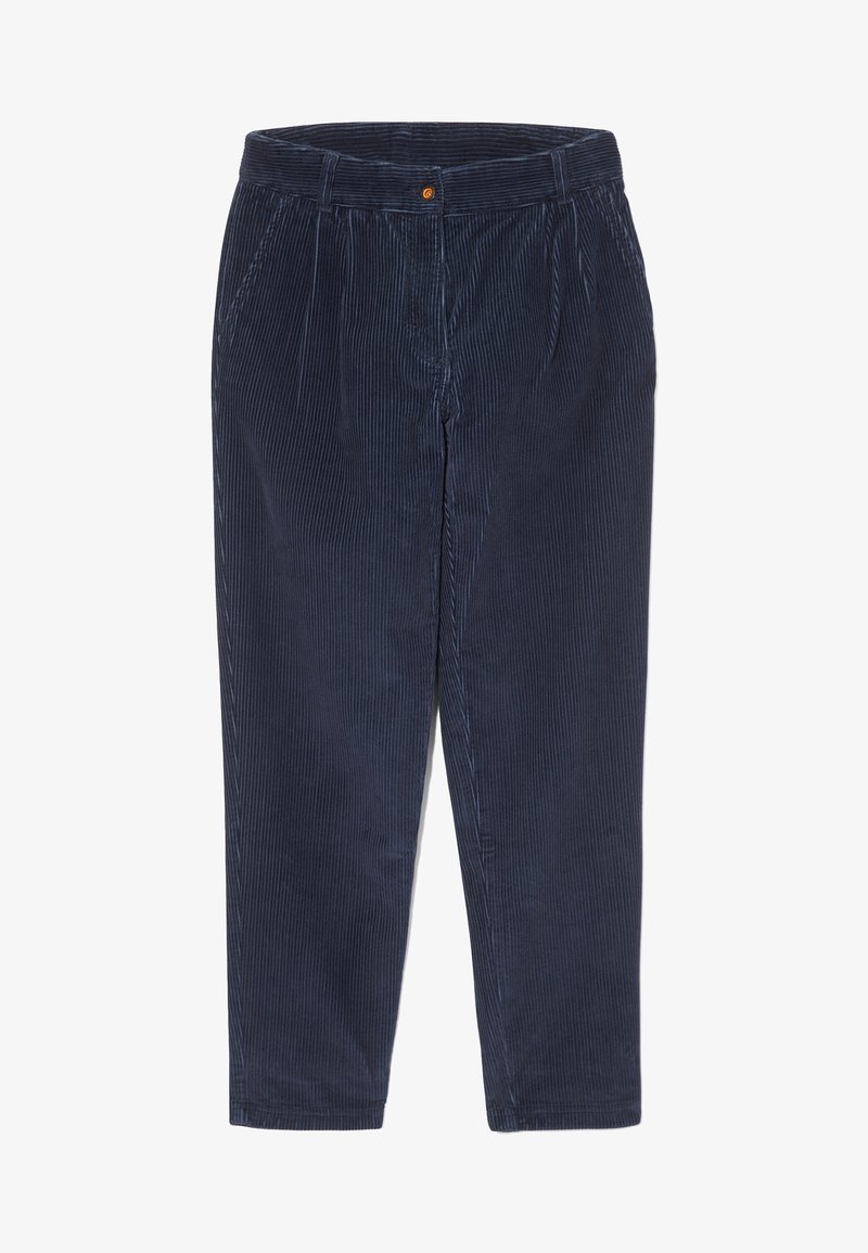 Marina blå kordfløyelsbyxor med vertikala ränder, med knappstängning och två sidofickor. Designen inkluderar plisseringar vid midjan.