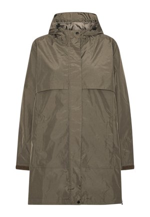 Long imperméable vert olive avec capuche, fermeture éclair frontale recouverte par un rabat, poches latérales et cordons réglables à la capuche.