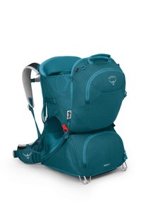 Mochila porta niños Osprey Poco LT en color verde azulado, con asiento acolchado, paneles de malla y correas ajustables, además de una base resistente y clips.