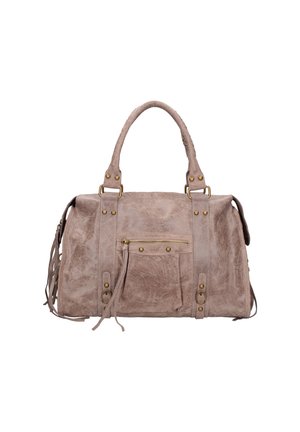 Sac à main en simili cuir beige avec quincaillerie dorée, poignées supérieures doubles, une poche zippée à l'avant et des accents cloutés. Surface texturée avec un léger éclat.