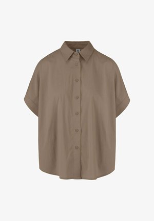 Beige Kurzarm-Hemd in lockerer Passform mit spitzem Kragen und sieben Knöpfen vorne.