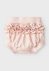 Rosa simbyxor med vitt svanmönster, volangmidja och slät textur. Mjukt och stretchigt material för komfort och passform.