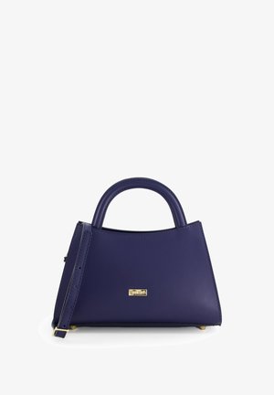 Sac à main en cuir bleu marine avec un design structuré, doté d'une poignée supérieure arrondie, d'une sangle amovible et d'un accent logo doré à l'avant.