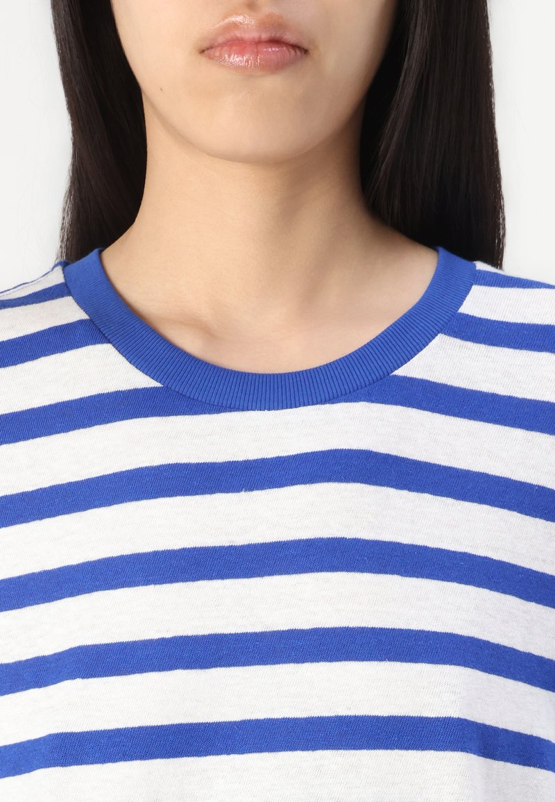 Blau-weiß gestreiftes T-Shirt mit geripptem Rundhalsausschnitt. Der Stoff wirkt weich und leicht, ideal für die Freizeit.