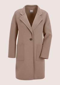 Beige knee-length wool coat with notched lapels, single button closure, and two front patch pockets.