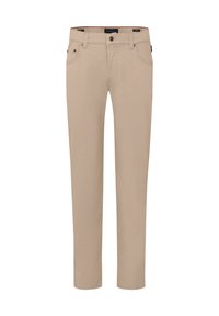 Beige Baumwollhosen mit geradem Schnitt, Fünf-Taschen-Design, Reißverschluss vorne und geprägtem Markenetikett am Bund. Glatte Textur und minimale Details.