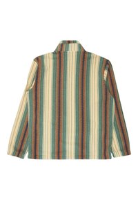 Fleece shirt met een kraag, met verticale strepen in groen, oranje en crème. Zachte textuur en lange mouwen met zijslits.
