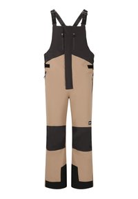 Salopette impermeabile con un design beige e nero, realizzata in materiale resistente, dotata di spallacci regolabili e tasche con zip.