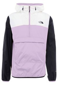Paarse en zwarte windjack met een witte bovensectie, halve rits aan de voorkant, verstelbare capuchon en een voorzak met logodetail.