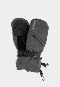 Muffole grigie isolate con tessuto testurizzato, palmo in pelle nera, cinturino regolabile e una tasca laterale per riporre o accedere.