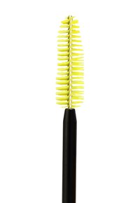Pennello di mascara giallo brillante con setole a spirale, montato su un manico nero opaco, caratterizzato da una punta affusolata per un'applicazione precisa.