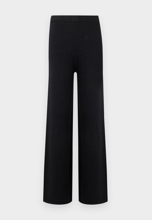 Juodos aukšto liemens platėjančios kelnės su elastingu juosmeniu, atvaizduotos ant paprasto šviesaus fono.