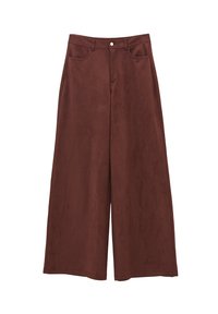 Hoge taille wijde pijpen in donkerbruin suède met voorzakken, riemlussen en een enkele knoopsluiting.
