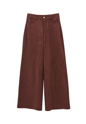 Pantalons larges taille haute en daim marron foncé avec poches avant, passants de ceinture et fermeture à un bouton.