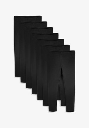 Svarta leggings i stretchmaterial, med ett elastiskt midjeband och en slät yta, presenterade i en staplad ordning.