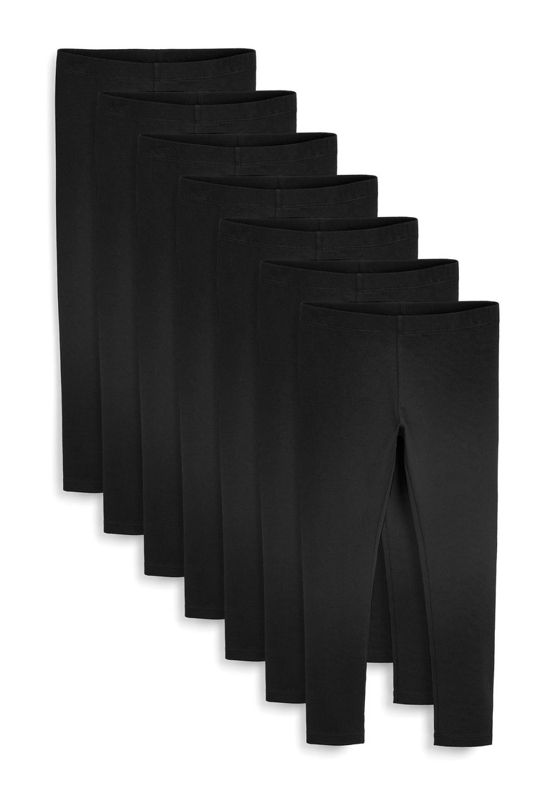 Leggings neri realizzati in tessuto elasticizzato, con una vita elasticizzata e una consistenza liscia, presentati in una disposizione impilata.