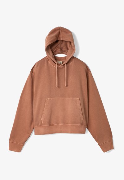 Felpa corta marrone con tasca a marsupio, cappuccio regolabile con cordino e polsini a costine. Realizzata in un morbido tessuto testurizzato per il massimo comfort.