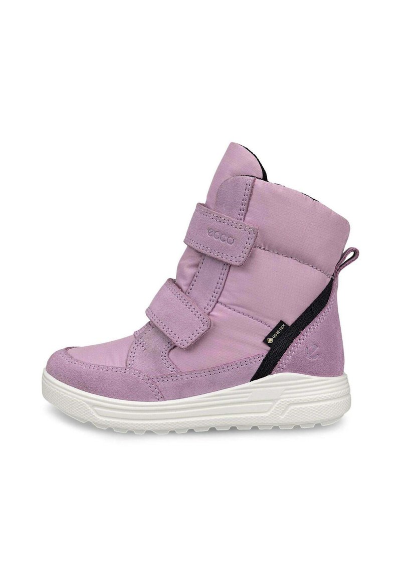 Lila High-Top-Stiefel aus Wildleder und Stoff, mit zwei Klettverschlüssen, einer weißen Gummisohle und einer strukturierten Oberfläche.