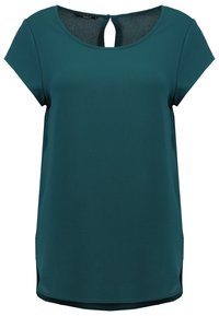 Teal blouse met korte mouwen, een ronde hals en een sleuf achter. Glad textuur en zijsplitten voor een verbeterde pasvorm. Casual ontwerp met minimale details.