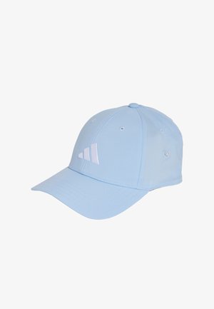 Casquette bleu clair en tissu avec un visière courbée, ornée d'accents logo blancs. Design structuré avec des trous de ventilation sur les côtés.