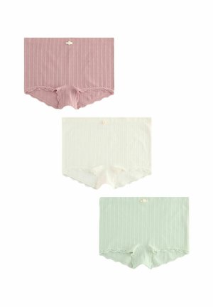 Three pairs of ribbed cotton shorts in light pink, cream, and pale green, featuring lace trim and decorative buttons on the waistband.