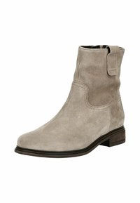 Taupe Wildleder Stiefelette mit runder Spitze, kurzem Blockabsatz und seitlichem Tab. Verfügt über sichtbare Nähte und eine glatte Textur.