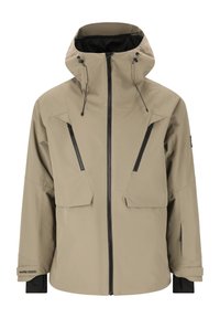 Beige waterdichte jas met een capuchon, voorzien van twee ritssluitingen op de borst, zijzakken en verstelbare manchetten. Gladde, matte textuur.