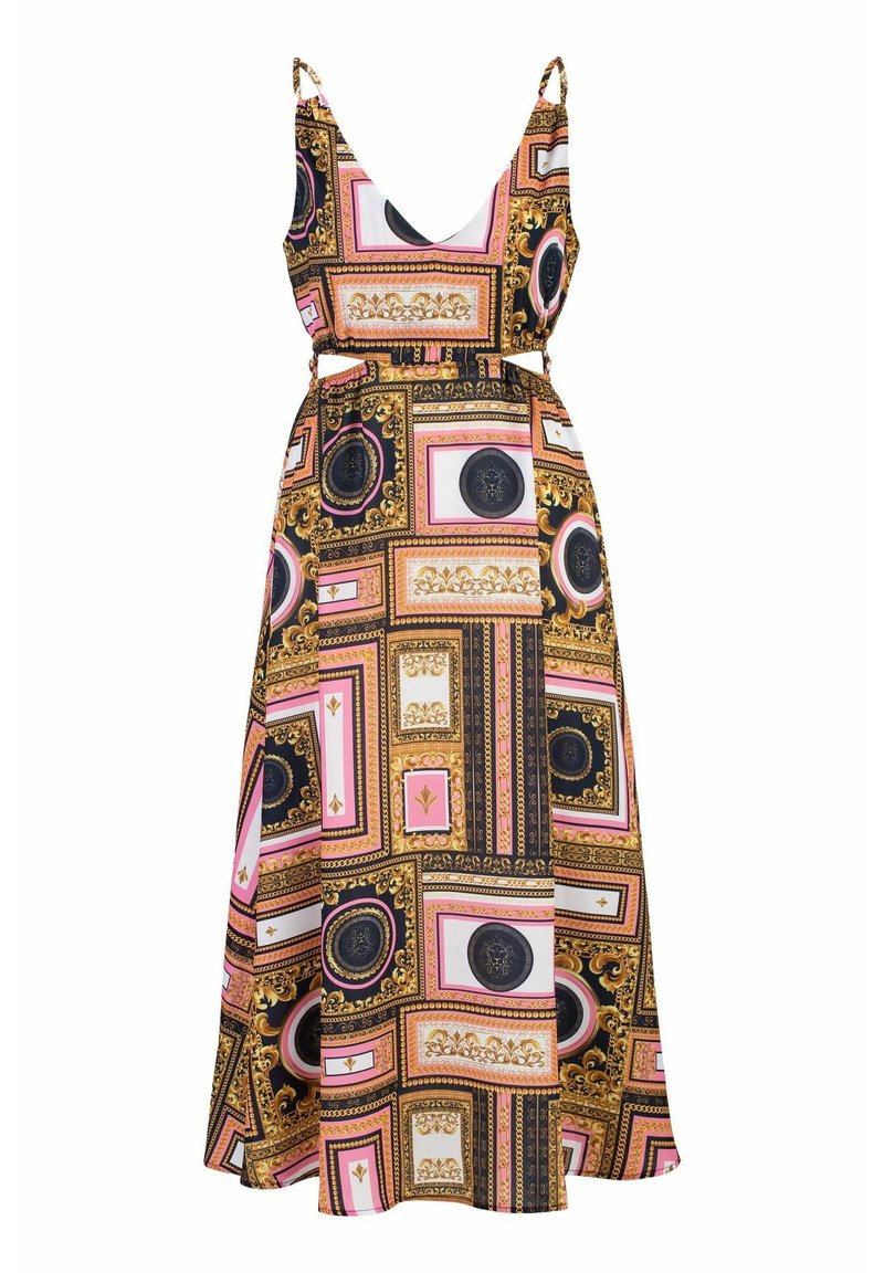 Maxikleid mit einem mehrfarbigen Rahmenmuster und goldenen Akzenten. Mit verstellbaren Trägern, einem tiefen V-Ausschnitt und einer fließenden Silhouette ausgestattet.