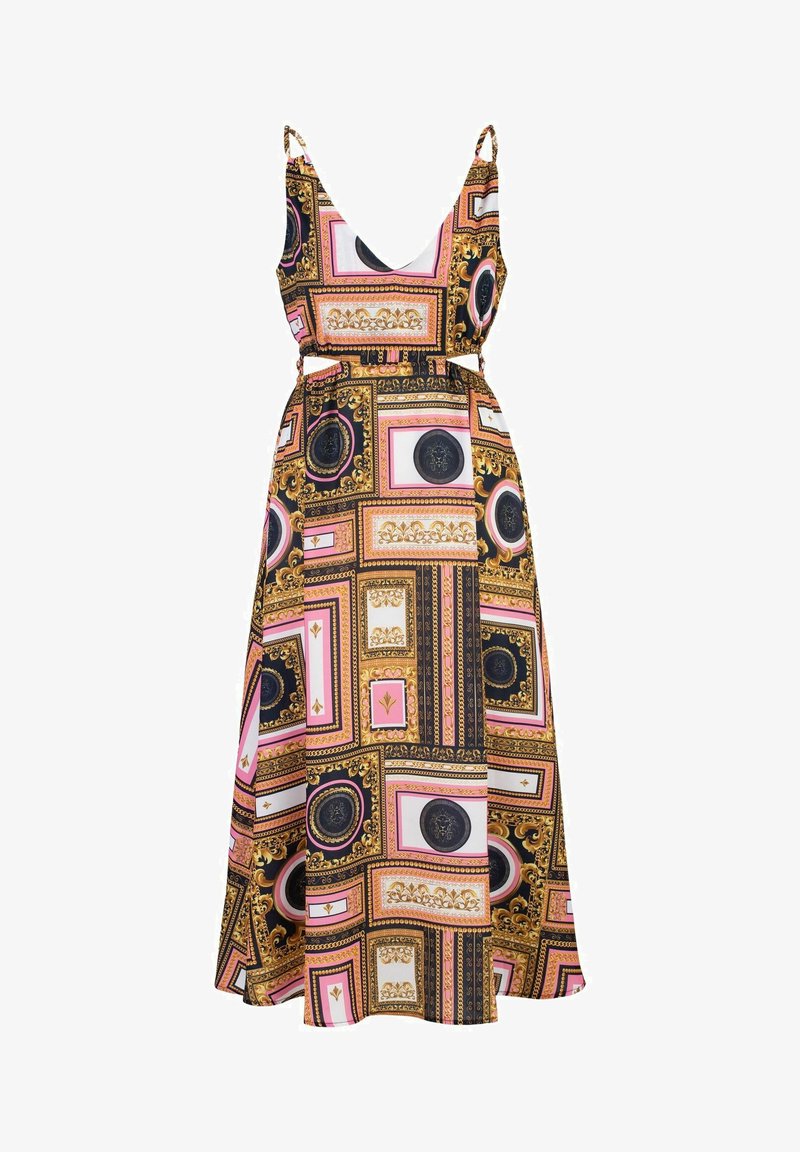 Maxikleid mit einem mehrfarbigen Rahmenmuster und goldenen Akzenten. Mit verstellbaren Trägern, einem tiefen V-Ausschnitt und einer fließenden Silhouette ausgestattet.