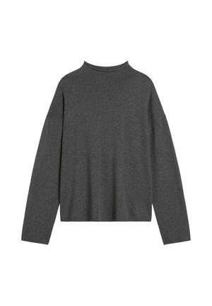 Donkergrijs longsleeve sweater met hoge hals, ontspannen pasvorm en zachte textuur. Heeft een drop shoulder ontwerp en geen zichtbare hardware.