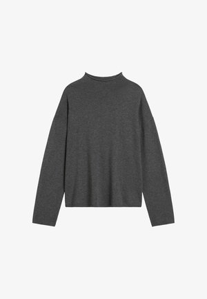 Dunkelgrauer Langarmpullover mit hohem Kragen, lockerer Passform und weicher Textur. Verfügt über überschnittene Schultern und keine sichtbaren Beschläge.