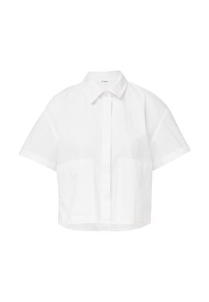 Witte, geknipte shirt van katoen met een knoopsluiting aan de voorkant, korte mouwen en twee voorzakken. Heeft een klassieke kraag en een gladde textuur.