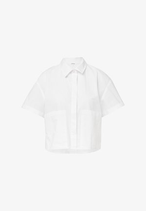 Weißes, kurzes Baumwollhemd mit Knopfleiste, kurzen Ärmeln und zwei Fronttaschen. Mit klassischem Kragen und glatter Textur.