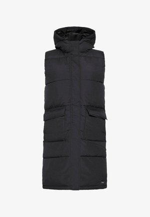Gilet en doudoune noir avec capuche, comportant deux poches avant, un motif matelassé et une finition lisse. Conçu pour la chaleur et la protection.