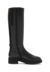 Black knee-high boot with a smooth leather finish, side zipper, slightly raised chunky sole, and minimalistic design.
