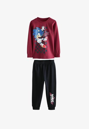 Sonic-tema langærmet skjorte i bordeaux med grafisk design, kombineret med sorte bukser med elastisk talje og logo i pink og hvid.