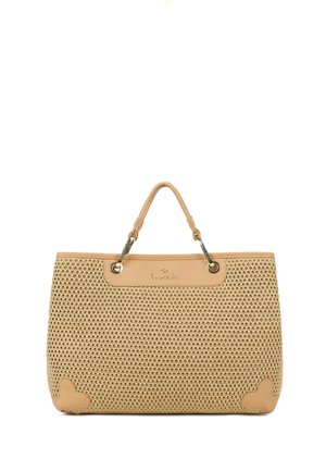 Borsa tote beige intrecciata con due manici corti, rifiniture in pelle, piccola targhetta con logo e angoli in pelle rinforzati per la durabilità.