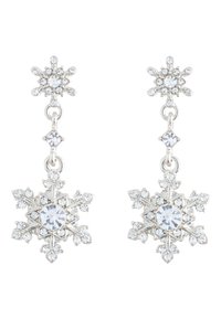 Viseće naušnice s motivima pahuljica u srebrnom tonu, ukrašene prozirnim kristalima i detaljnom uzorkom.