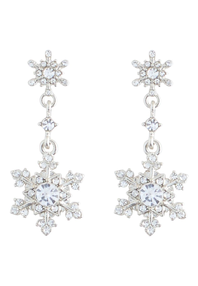Viseće naušnice s motivima pahuljica u srebrnom tonu, ukrašene prozirnim kristalima i detaljnom uzorkom.